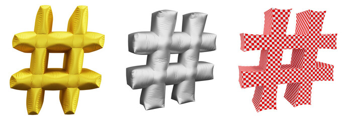 Poster - Set of hashtag symbol design. Icon or sign shape isolated on transparent background in 3d rendering.