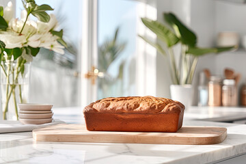 Poster - fresh banana bread on white marble in the kitchen