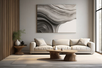 Luxurious living room interior with a beige sofa and artwork