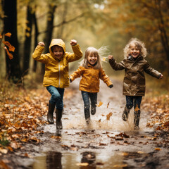 Children running through the woods in the autumn