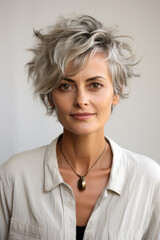 Smiling woman portrait with short hair style