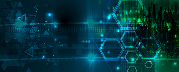 Technology banner design with hexagons abstract background.