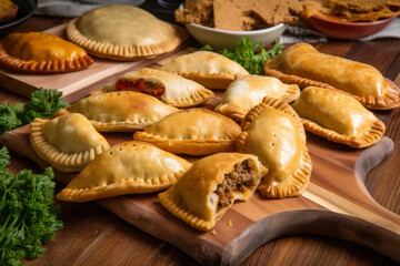 Wall Mural - An assortment of empanadas sits on a rustic wooden table, showcasing their golden brown crust and delicious fillings like beef, chicken, and cheese