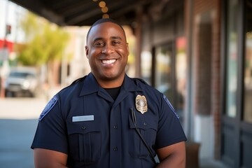 Wall Mural - Portrait of confident african american police officer standing in street