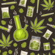 Vector Cannabis Seamless Pattern, repeat background with illustration of set flat lay medicinal cannabis green herb, drug plastic bag, weed preroll, glass cannabis hookah with water for wrapping paper