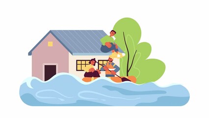 Poster - Flood natural disaster cartoon animation. Volunteer on rescue boat helps people on roof 4K video motion graphic. Emergency. People trapped in flood 2D color animated scene isolated on white background