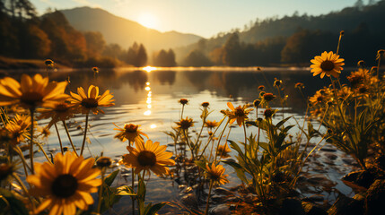 Wall Mural - sunflowers on the lake shore - sunset - golden hour - mountains - low angle shot - inspired by the s