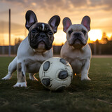 Fototapeta Sport - Dois cachorros da raça Buldogue Francês com uma bola em um parque