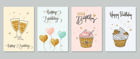 Happy birthday. Greeting card set with cupcakes, champagne, balloons and calligraphy. Cute greeting templates in a simple style. Vector