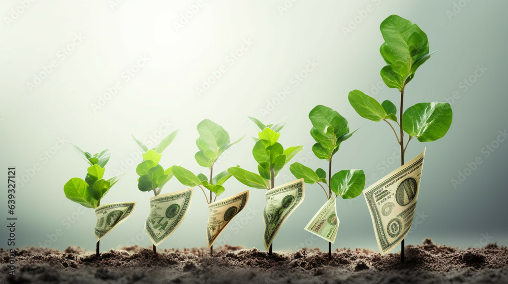 Money tree growing from dollar banknotes in soil.The concept of planting trees to sell carbon credits,carbon trading.Business green natural background concept.Money saving and investment concept.