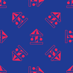 Poster - Red Attraction carousel icon isolated seamless pattern on blue background. Amusement park. Childrens entertainment playground, recreation park. Vector