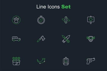 Sticker - Set line Pistol or gun, Camping lantern, Hunting horn, Quiver with arrows, Deer antlers on shield, Crossed bullet, Wooden axe and Safari car icon. Vector