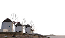 Windmills Isolated On White Transparent Background, Mykonos Island, Greece. PNG