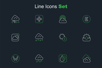 Sticker - Set line Cloud, Water drop percentage, Hail cloud, Compass north, Sunrise, with snow and Weather forecast app icon. Vector