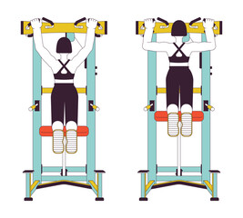 Poster - Working out on assisted pull up machine flat line vector spot illustration. Gym woman 2D cartoon outline character on white for web UI design. Strength training editable isolated color hero image