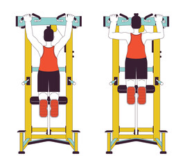 Poster - Muscle building with assisted pull up machine flat line vector spot illustration. 2D cartoon outline character on white for web UI design. Bodyweight back exercise editable isolated color hero image