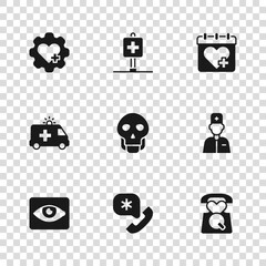 Sticker - Set Emergency call 911, Male doctor, Skull, Doctor appointment, Heart with cross, Location hospital and Ambulance car icon. Vector