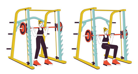 Poster - Working out on weight power rack flat line vector spot illustration. Smith machine sportswoman 2D cartoon outline character on white for web UI design. Athletic editable isolated color hero image