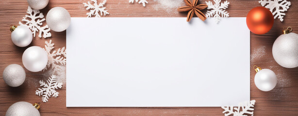 Poster - christmas card with white and xmas balls and snowflakes with a white sheet of paper in the center, top view, legal AI