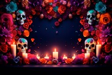 Dia De Los Muertos Conceptual Banner Of An Altar With Skulls, Candles And Colorful Roses