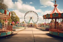 Amusement Park With Carousels And Attractions For Children. Generative Ai
