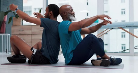 Canvas Print - Black people, yoga and personal trainer in physiotherapy, zen workout or exercise together at clinic. African yogi men in lotus, meditation or fitness in spiritual wellness, mindfulness or awareness