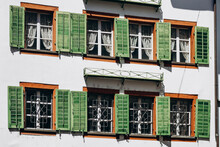Beautiful Green Shutters Of Old Houses In The Center Of Lucerne, Switzerland