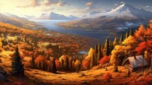 Foggy Autumn Mountain Landscape With Colorful Forest And Lake. Digital Painting