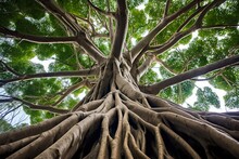 Australian Strangler Fig Tree In Natural Rainforest Habitat. Low Angle View Of Majestic Woodland Wonder With Impressive Roots And Leaves