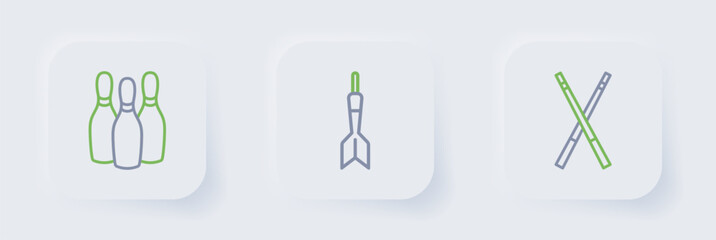 Poster - Set line Crossed billiard cues, Dart arrow and Bowling pin icon. Vector