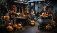 Photo Of A Festive Autumn Garden With Pumpkins And Vibrant Decorations