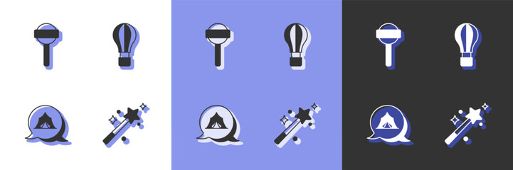 Poster - Set Magic wand, Lollipop, Circus tent and Hot air balloon icon. Vector