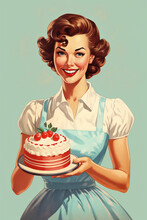 1950s Vintage Style Illustration Of Cheerful Housewife Holding Delicious Birthday Cake. 