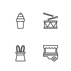 Wall Mural - Set line Fast street food cart, Magician hat and rabbit ears, Ice cream in waffle and Drum with drum sticks icon. Vector