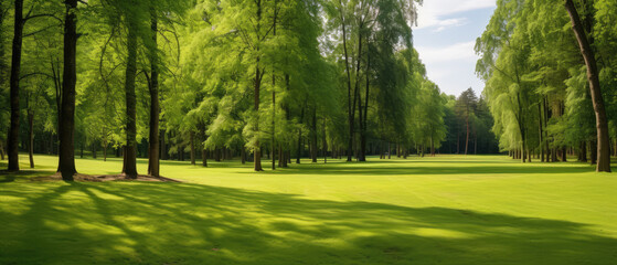 Wall Mural - Beautiful panoramic landscape of park with trees and green grass field in autumn sunny morning.