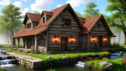 Wall Mural - Rustic concept background photorealistic fantasy house display