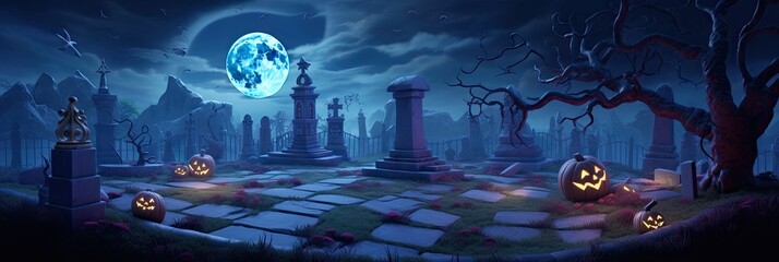 Wall Mural - cemetery at night stylized with full moon for mode