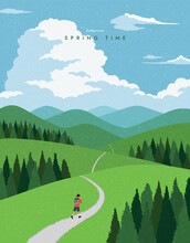 Man Walking On Path Mountain Landscape. Climbing, Hiking. Scenic View Background. Spring Summer Outdoor Adventure. Web Banner, Poster, Card, Book Cover. Trendy Flat Design. Simple Vector Illustration.