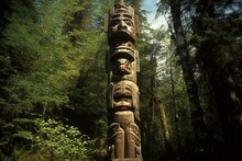 Alaska's Carved Wooden Totem Pole. Generative AI