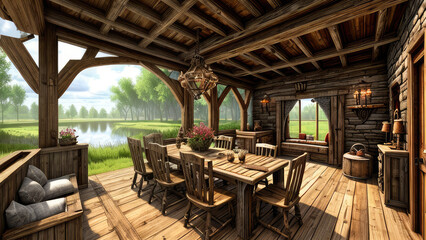 Wall Mural - Rustic concept background photorealistic fantasy indoor environment