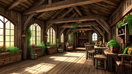 Wall Mural - Rustic concept background photorealistic fantasy indoor environment