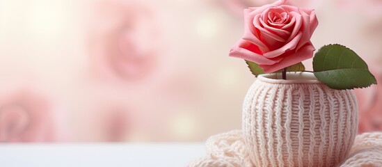 Aufkleber - Blurred background with a knitted element and a rose in a vase