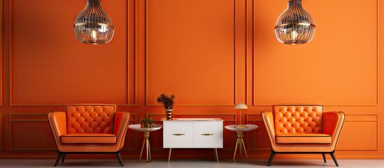 Wooden console and golden chandelier in orange interior with two chairs