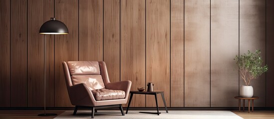Poster - Contemporary room with cozy armchair table and wood wall