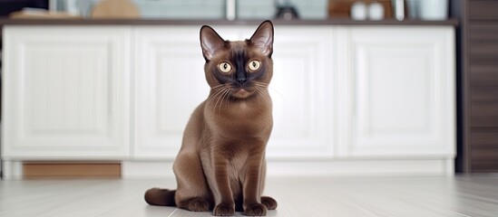 Poster - A Burmese kitten sitting in a bright kitchen with a brown cat and white interior