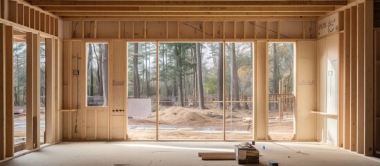 Wall Mural - Under construction a new home has a window covered in plywood