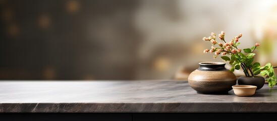 Poster - Stone tabletop with blurry kitchen background suitable for product display or montage