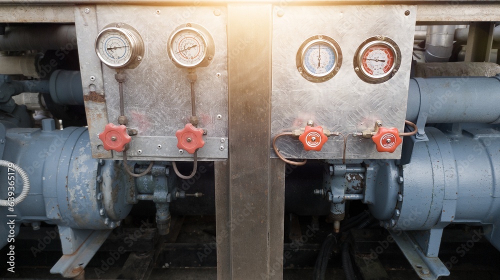 Pressure gauges and around cut off valve mounted on the plate frame ...