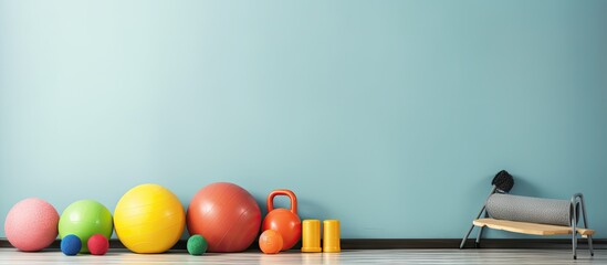 Various athletic gear and exercise balls beside illuminated wall