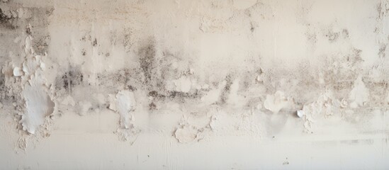 Closeup of mold growth on an old damp white wall creating an abstract dirty and moldy background